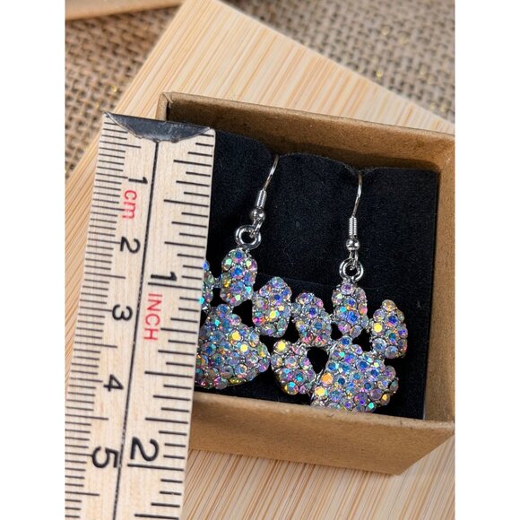 Sparkling Paw Print Dangle Earrings With Rhinestones Silver-Toned Hooks Lightwei - Picture 6 of 7